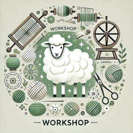 DALL·E 2025 01 22 08.43.48 A simple and creative digital illustration for a workshop themed design featuring a sheep surrounded by elements symbolizing wool processing and works